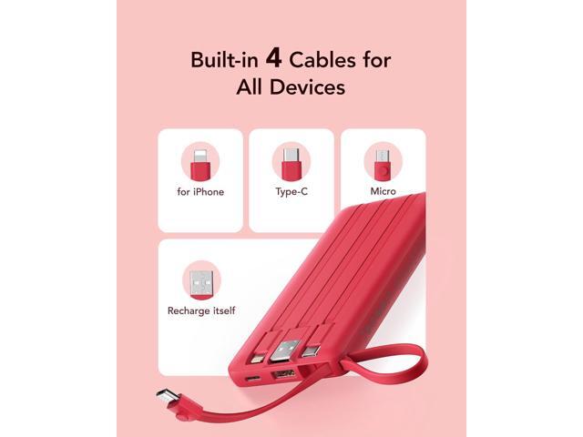 VRURC Portable Charger, 10000mAh Power Bank Built in Cables for iPhone, Slim Compact Travel Essentail, 5 Outputs 2 Inputs USB C Battery Pack for...