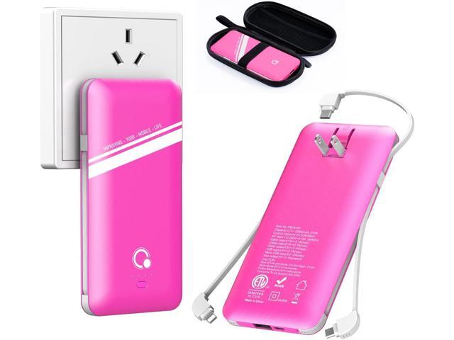 10000mAh Power Bank, Q Slim Portable Charger,4 Output External Battery Pack with Built-in AC Wall Plug Micro USB C Three Cables Compatible with All...