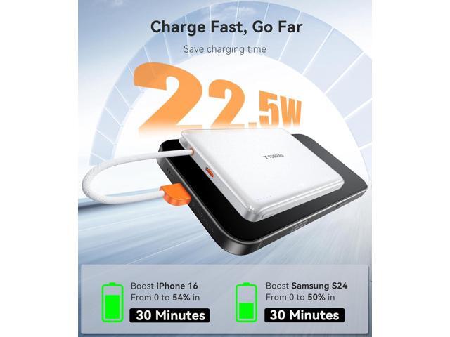 TORRAS Power Bank with Built-in USB-C Cable, Ultra-Slim 10,000mAh Portable Charger USB C, 22.5W Fast Charging Battery Pack for iPhone 16/15/Samsung...