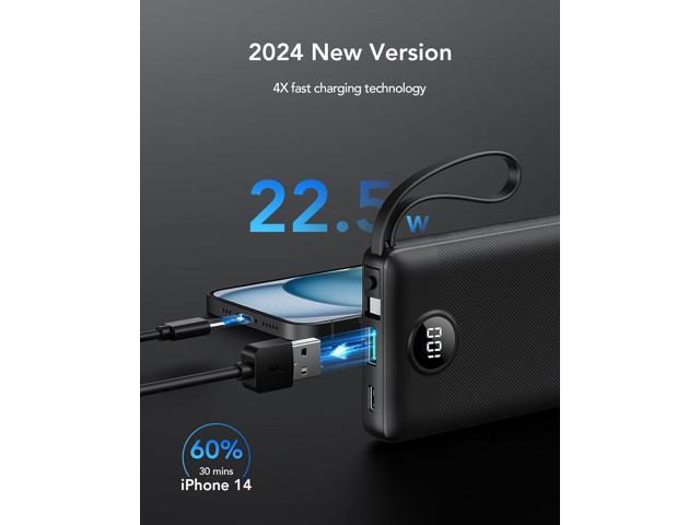 VRURC Portable Charger, 22.5W Power Bank 10000mAh, USB-C Cable in & Out Fast Charging Battery Pack, Compact Travel Essential 4 Outputs 3 Inputs for...
