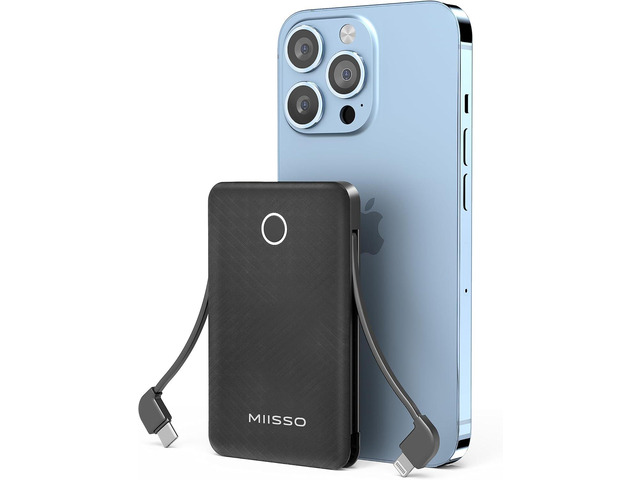miisso 6000mah Ultra Slim Built in Cables Power Bank, Card Size Built in USB C Cords Battery Pack Portable Charger for Phones, 3 Output External...