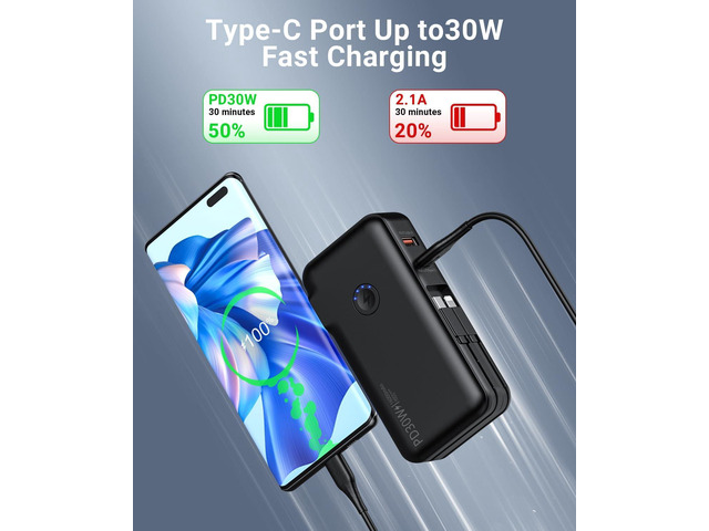 Portable Charger, Power Bank, 16000mAh Power Bank Built-in AC Wall Plug and Cables, PD 30W and QC4.0 Fast Charger for iPhone and Android Phones and...