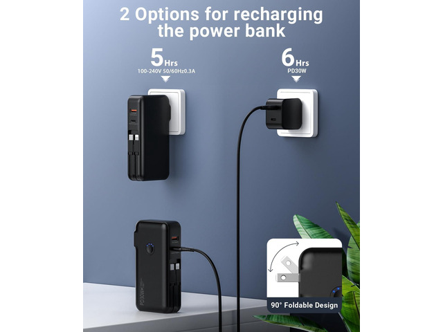 Portable Charger, Power Bank, 16000mAh Power Bank Built-in AC Wall Plug and Cables, PD 30W and QC4.0 Fast Charger for iPhone and Android Phones and...