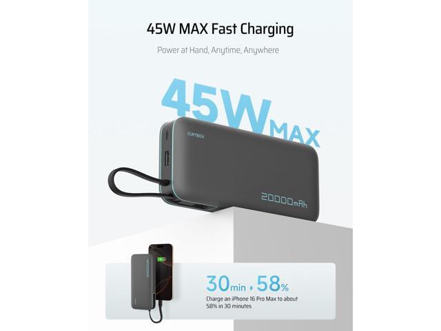 CUKTECH 45W Power Bank 20000mAh, Portable Travel Charger Built-in USB C Cable, Fast Charging Battery Pack for iPhone 16/15/14/13, iPad, Samsung...