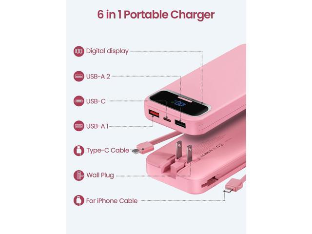 12000mAh Lightweight-Portable-Charger-Power-Bank with Built-in Cables and AC Wall Plug, PD20W USB-C Fast Charging Battery Pack, LED Display...