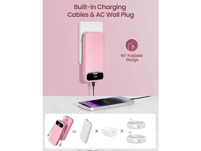 12000mAh Lightweight-Portable-Charger-Power-Bank with Built-in Cables and AC Wall Plug, PD20W USB-C Fast Charging Battery Pack, LED Display...