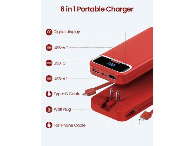 12000mAh Lightweight-Portable-Charger-Power-Bank with Built-in Cables and AC Wall Plug, PD20W USB-C Fast Charging Battery Pack, LED Display...