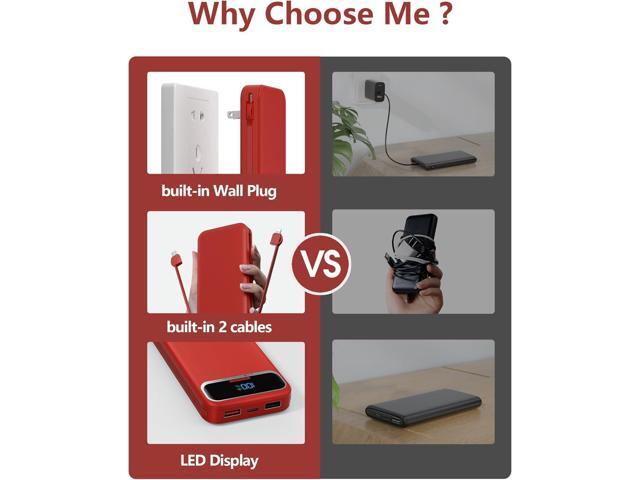 12000mAh Lightweight-Portable-Charger-Power-Bank with Built-in Cables and AC Wall Plug, PD20W USB-C Fast Charging Battery Pack, LED Display...