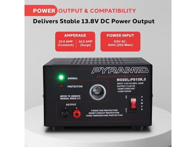 Pyramid Universal Compact Bench Power Supply - 10 Amp Linear Regulated Home Lab Benchtop AC-to-DC Converter w/ 13.8 Volt DC 115V AC 250W Input,...