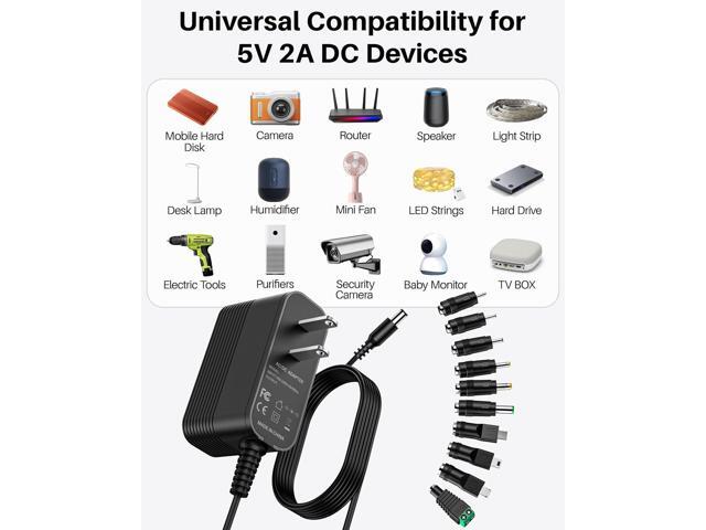 5V 2A Power Adapter 5V Charger DC Power Supply for Regulated Switching with 10 Interchangeable Jacks for 2000mA 1500mA 1000mA 900mA 850mA 800mA...