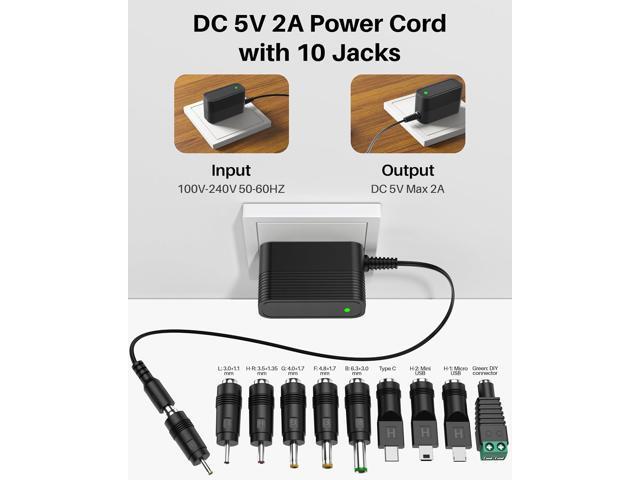 5V 2A Power Adapter 5V Charger DC Power Supply for Regulated Switching with 10 Interchangeable Jacks for 2000mA 1500mA 1000mA 900mA 850mA 800mA...