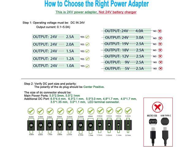 TKDY 24V 2.5A Power Supply Cord AC 100-240V to Output 24Volt DC Power Adapter, Compatible with 24Vdc 2A 1.5A 0.1A-2.5A Led Strip Lights LCD Monirot...