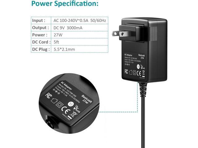 9V 3A 2.5A 2A 1A AC DC Power Adapter 27W 9V 3000mA 2500mA 2800mA Power Supply Cord Wall Charger for 9 Volt Electronics 3Amp Max