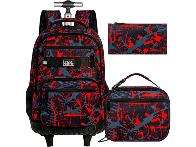 3Pcs Rolling Backpack for Boys Men, Travel Wheeled Backpacks for Adults, Teens College Roller Bookbag with Wheels for Men(Red)