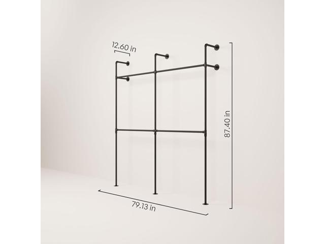 pamo Industrial Pipe Clothing Rack Wall Mounted Black Closet System in Powder-Coated Steel 79.13' W × 87.4' H Easy Setup Ideal for Walk-In...