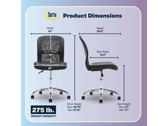 Serta Essential Armless TaskChair, Small Desk Chairs with Wheels, Breathable Mesh Back and Faux Leather, Quality Foam Cushion Seat for Comfort,...