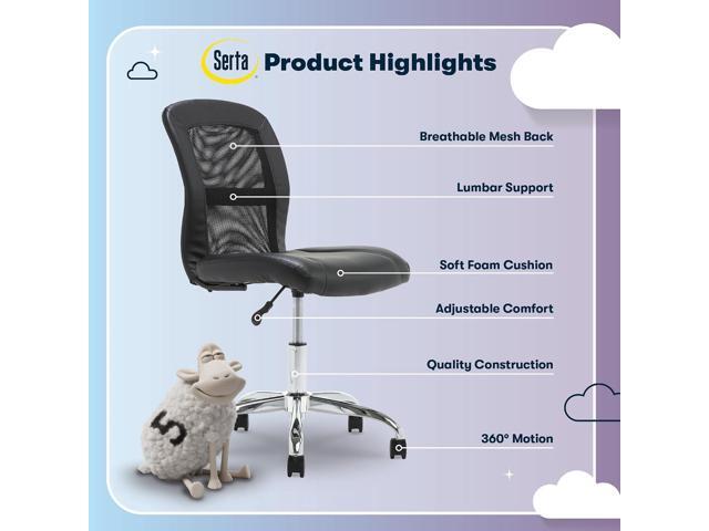 Serta Essential Armless TaskChair, Small Desk Chairs with Wheels, Breathable Mesh Back and Faux Leather, Quality Foam Cushion Seat for Comfort,...
