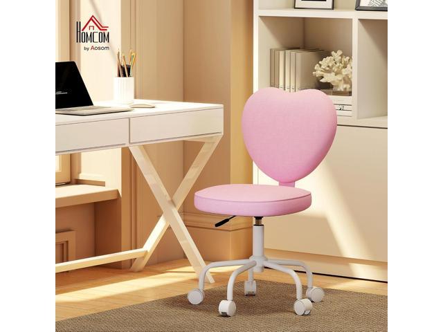 HOMCOM Armless Home Office Desk Chair, Modern Fabric Makeup Vanity Chair with Heart Shape, Swivel Wheels, Height Adjustable, Pink