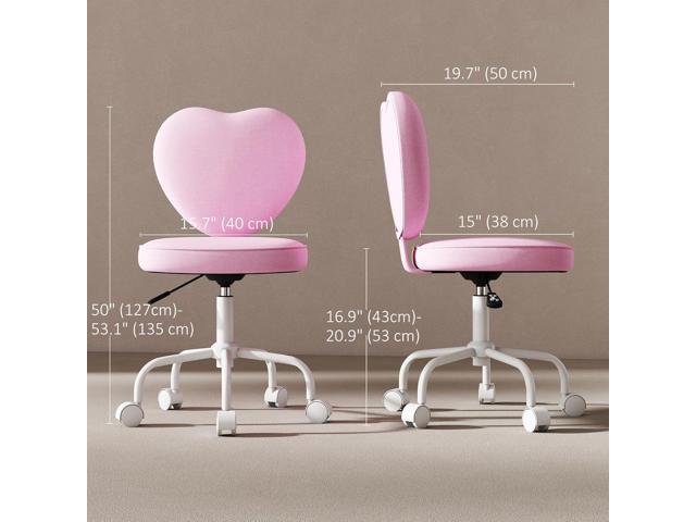 HOMCOM Armless Home Office Desk Chair, Modern Fabric Makeup Vanity Chair with Heart Shape, Swivel Wheels, Height Adjustable, Pink