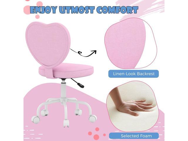 HOMCOM Armless Home Office Desk Chair, Modern Fabric Makeup Vanity Chair with Heart Shape, Swivel Wheels, Height Adjustable, Pink