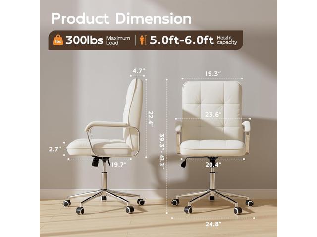White Office Chair with Soft Leather, Swivel Computer Home Office Desk Chair with Wheels and Padded Arms, Adjustable Height and Tilt