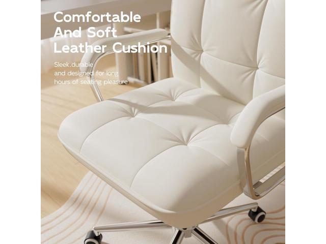 White Office Chair with Soft Leather, Swivel Computer Home Office Desk Chair with Wheels and Padded Arms, Adjustable Height and Tilt