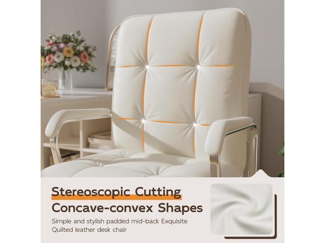 White Office Chair with Soft Leather, Swivel Computer Home Office Desk Chair with Wheels and Padded Arms, Adjustable Height and Tilt