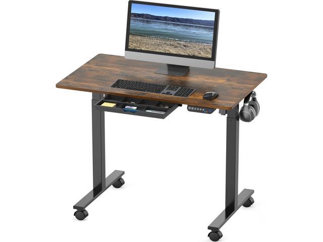 SHW 40-Inch Mobile Electric Height Adjustable Sit to Stand Desk with Drawer, Hanging Hooks and Cable Management, Rustic Brown