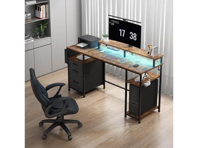 Lufeiya Gaming Desks with Led Lights and Power Outlets, 55 Inch Study Writing Computer Desk with Fabric File Drawers Cabinet for Bedroom, Home...