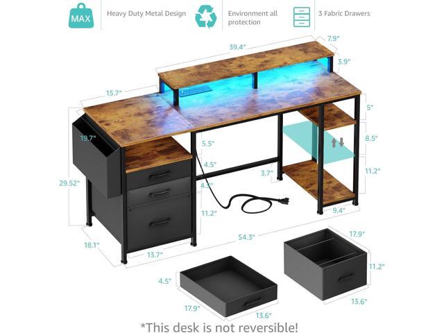 Lufeiya Gaming Desks with Led Lights and Power Outlets, 55 Inch Study Writing Computer Desk with Fabric File Drawers Cabinet for Bedroom, Home...
