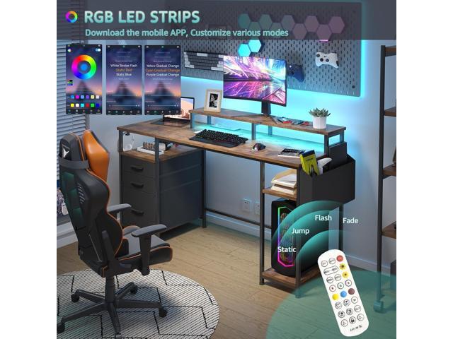 Lufeiya Gaming Desks with Led Lights and Power Outlets, 55 Inch Study Writing Computer Desk with Fabric File Drawers Cabinet for Bedroom, Home...