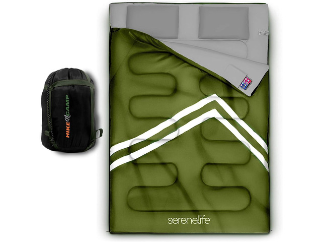 SereneLife Double Sleeping Bag with Pillows, Waterproof & Detachable for 2 Single Bags, Lightweight & Warm, Perfect for Camping, Hiking,...