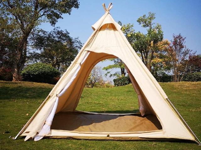 7x7x6.5Outdoor Cotton Canvas 2-3 Person 3 Seasons Bell Teepee Tent with Double Door Spire Tent Pyramid Tents for Family Camping