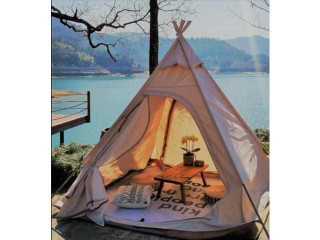 7x7x6.5Outdoor Cotton Canvas 2-3 Person 3 Seasons Bell Teepee Tent with Double Door Spire Tent Pyramid Tents for Family Camping