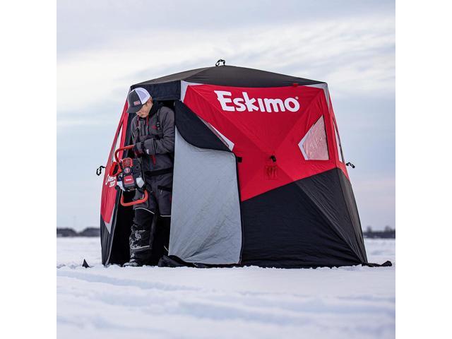Eskimo Outbreak Portable Pop-Up Ice Fishing Shelter, Stormshield Insulated Fabric, No Trip Door, Durable Hub Design, Deluxe Tie Downs, Red/Black