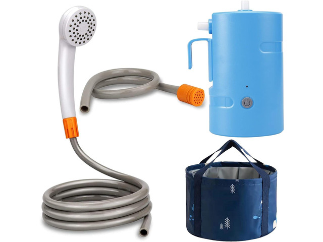 Portable Camping Shower, Built-in 4400mAh, USB Rechargeable IPX7 Waterproof Battery Shower Pump+Collapsible Bucket for Family Camp Hiking...