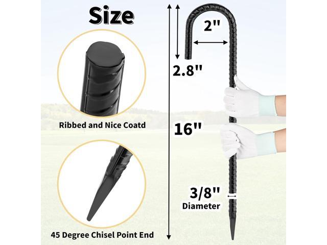 16 Inches 24-Pack J Hook Rebar Stakes Heavy Duty Tent Stakes with Chisel Point End, Steel Ground Anchors Metal Garden Stakes Chain Link Fence...