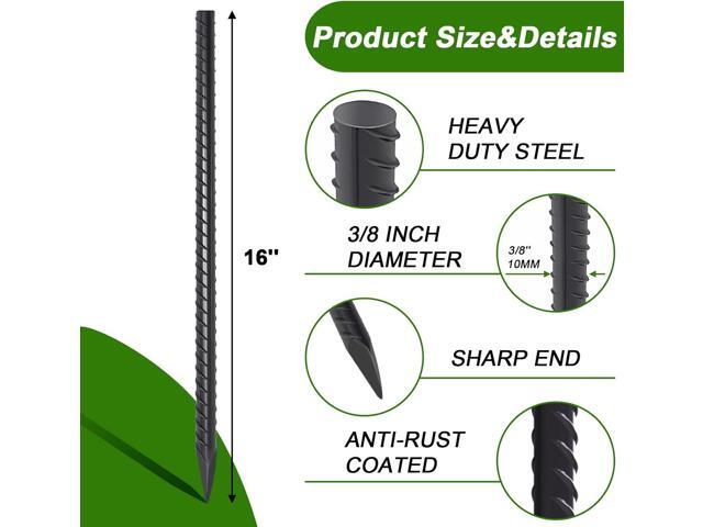 AAGUT 16 Inch Rebar Stakes Heavy Duty 16 Pack 3/8' Diameter Landscape Timber Spikes, Straight Stakes with Chisel Point End, Ground Anchors for...