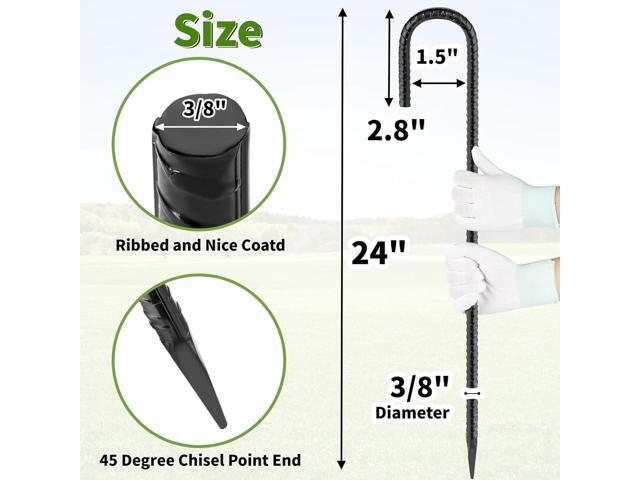 24 inches J Hook Rebar Stakes (16-Pack), Extra Long Garden Stakes with Chisel Point End Steel Rebar Ground Stakes for Tent Chain Link Fence and...