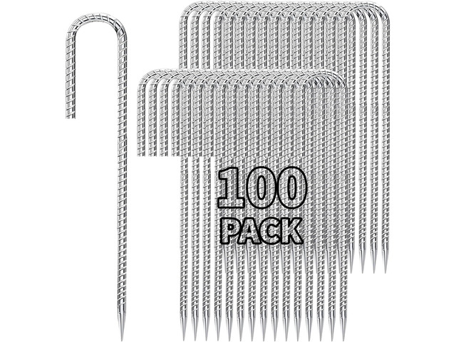 12 inch Stakes Heavy Duty 100-Pack J Hook Metal Fence Stake for Dogs Digging Tent and Outdoor Decorations Inflatables Rebar Metal Spikes for Ground