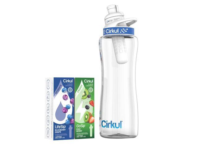 Cirkul 32oz. BPA-Free Plastic Water Bottle Starter Kit with Navy Lid, 2 Flavor Cartridges (1 LifeSip Blueberry Grape, 1 GoSip Kiwi Berry) No Sugar,...