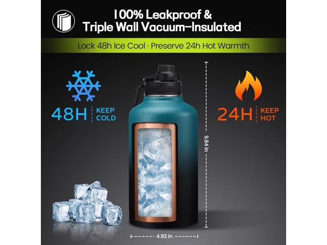 64 oz Water Bottle with Straw & Spout Lids, Keep Cold 48H, Half Gallon Insuated Water Bottle with Paracord Handle & Carrier Bag, 64/128 oz Water...