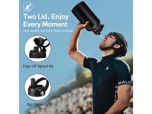 64 oz Water Bottle with Straw & Spout Lids, Keep Cold 48H, Half Gallon Insuated Water Bottle with Paracord Handle & Carrier Bag, 64/128 oz Water...