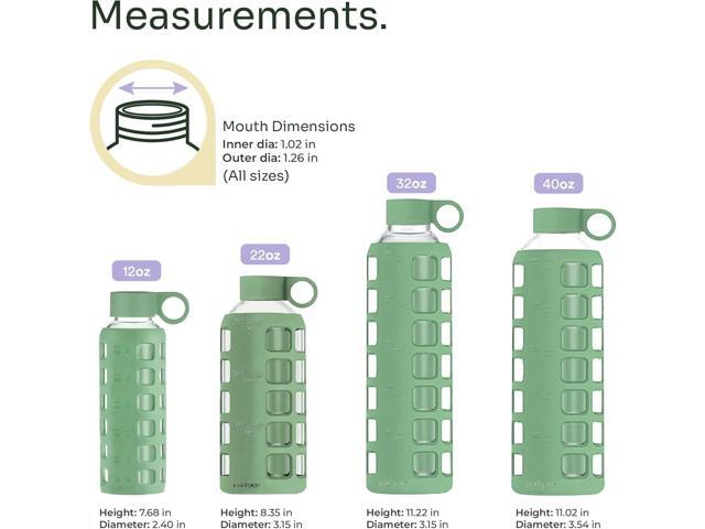 purifyou 40oz / 32oz / 22oz / 12oz Borosilicate Glass Water Bottle with Time & Volume Markers, Silicone Sleeve, Stainless Steel Lid Reusable...