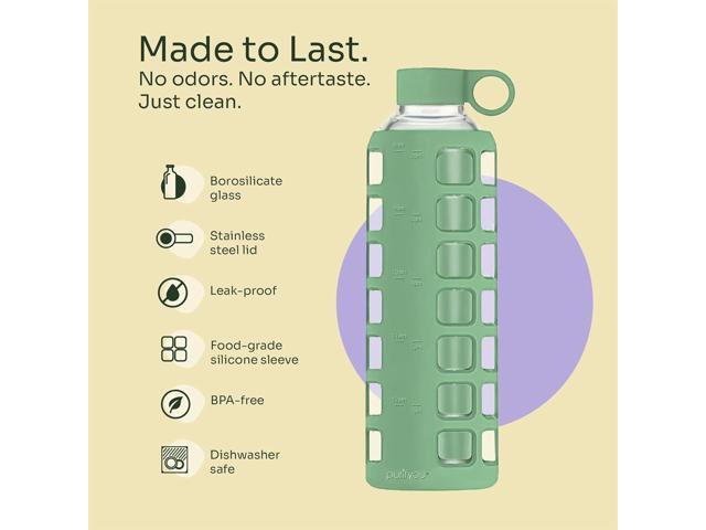 purifyou 40oz / 32oz / 22oz / 12oz Borosilicate Glass Water Bottle with Time & Volume Markers, Silicone Sleeve, Stainless Steel Lid Reusable...
