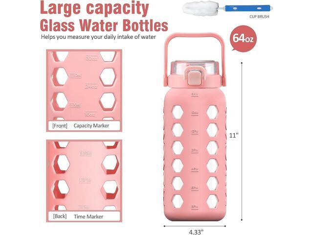 MUKOKO Half Gallon/64 oz Glass Water Bottles with Straw and Lid,Motivational Water Jug with Time Marker Reminder and Silicone Sleeve,100% Leakproof...
