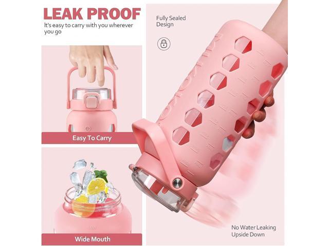 MUKOKO Half Gallon/64 oz Glass Water Bottles with Straw and Lid,Motivational Water Jug with Time Marker Reminder and Silicone Sleeve,100% Leakproof...