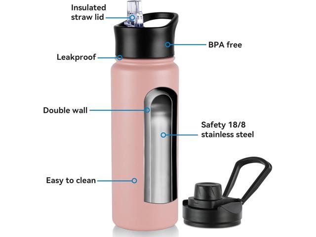 VEGOND 32 oz Insulated Water Bottle Bulk Stainless Steel Metal Water Bottles with Leak Proof Straw Lid & Spout Lid, Wide Mouth Double Walled Vacuum...