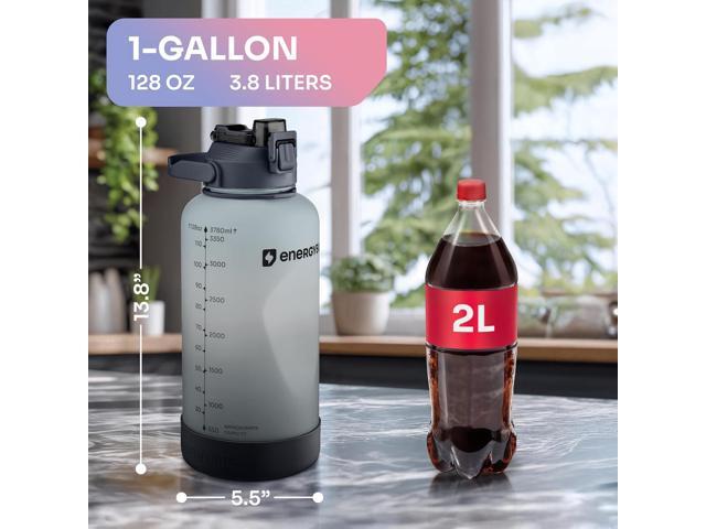 1 Gallon Water Bottle With Straw Dishwasher-Safe BPS & BPA Free, 2 Cleaning Brush Motivational 128oz Water Jug with Time Markers, Wide-Mouth...