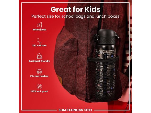 ION8 Steel Water Bottle, 600 ml/20 oz, Leak Proof, Easy to Open, Secure Lock, Dishwasher Safe, Flip Cover, Fits Cup Holders, Carry Handle, Durable,...